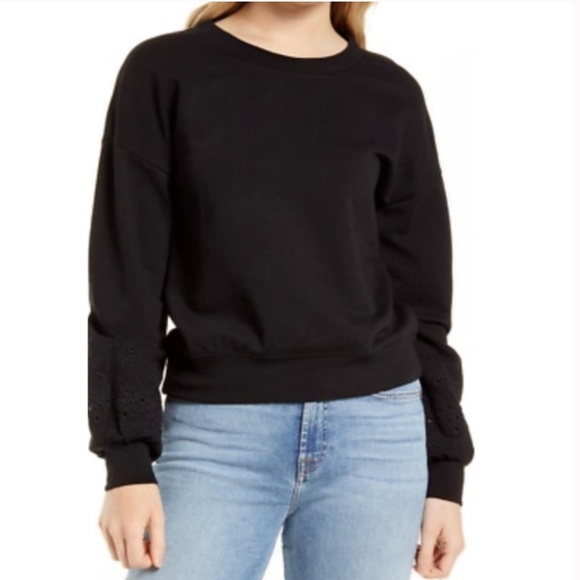 Halogen Tops - Halogen Eyelet Sleeve Back Keyhole Tie Neck Black Sweatshirt Size Large